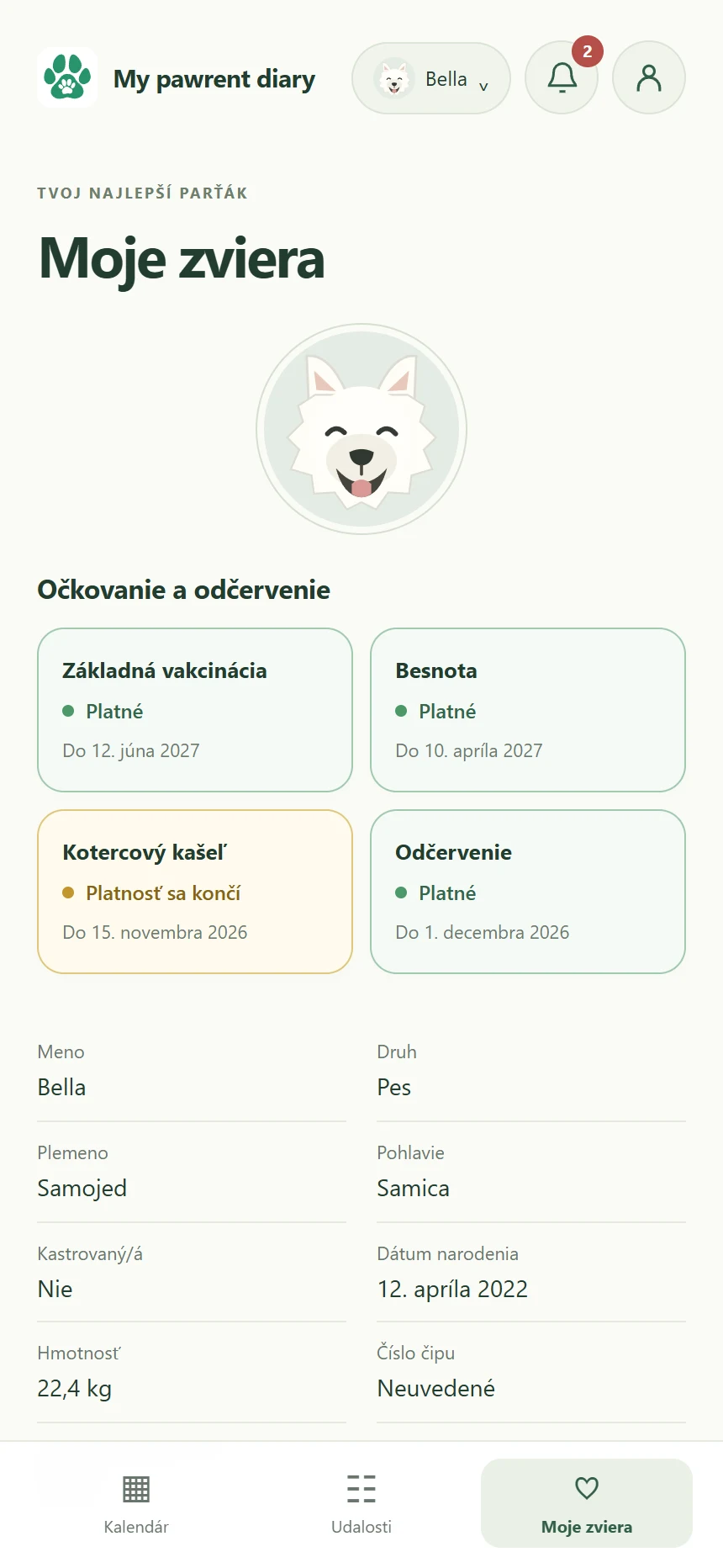 Obrazovka aplikácie My pawrent diary: Moje zviera