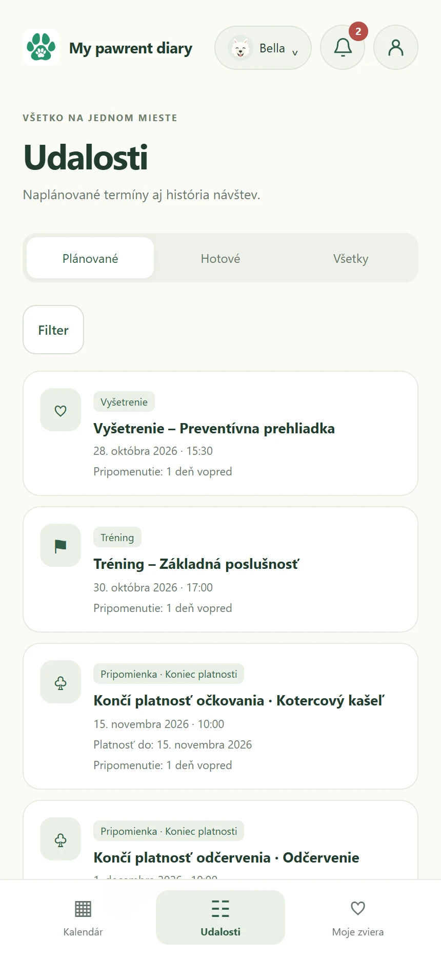 Obrazovka aplikácie My pawrent diary: Udalosti